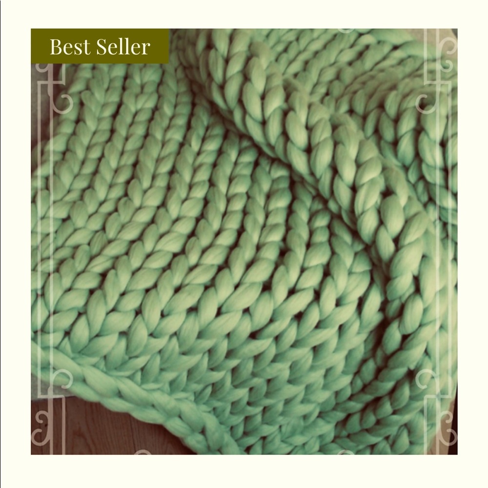 Mint vegan chunky knit vegan wool throw. 40 by 60. Hand knitted.